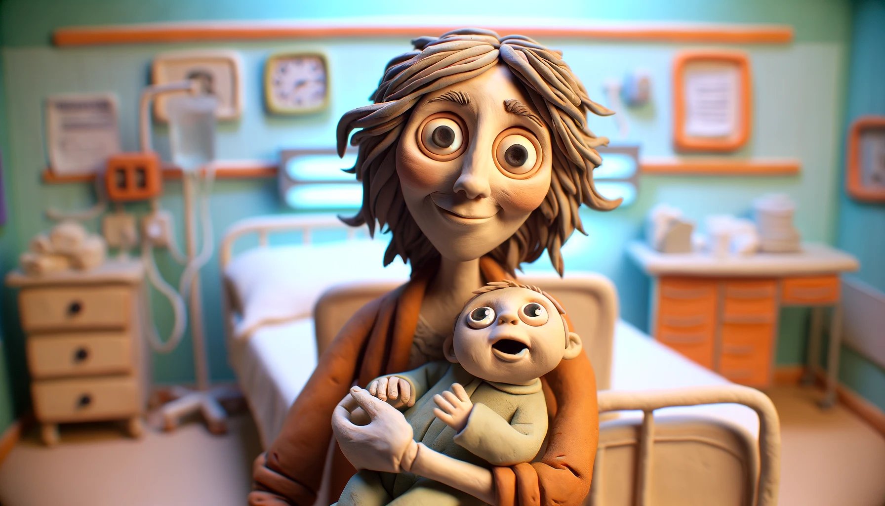 DALL·E 2024-04-25 14.47.35 - A detailed claymation scene depicting a mother in a hospital room, holding her newborn baby. The mother and baby both have slightly manic expressions,